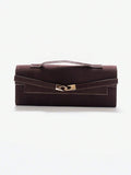 Dark brown structured mini bag side view with rounded gusset and stitching