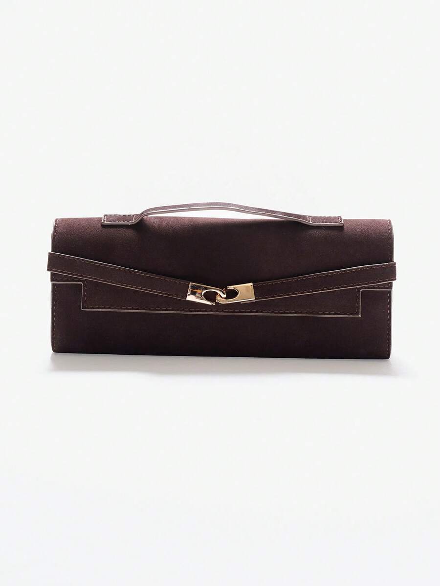 Dark brown structured mini bag side view with rounded gusset and stitching