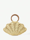 Back view beige woven straw shell bag with brown circular top handle