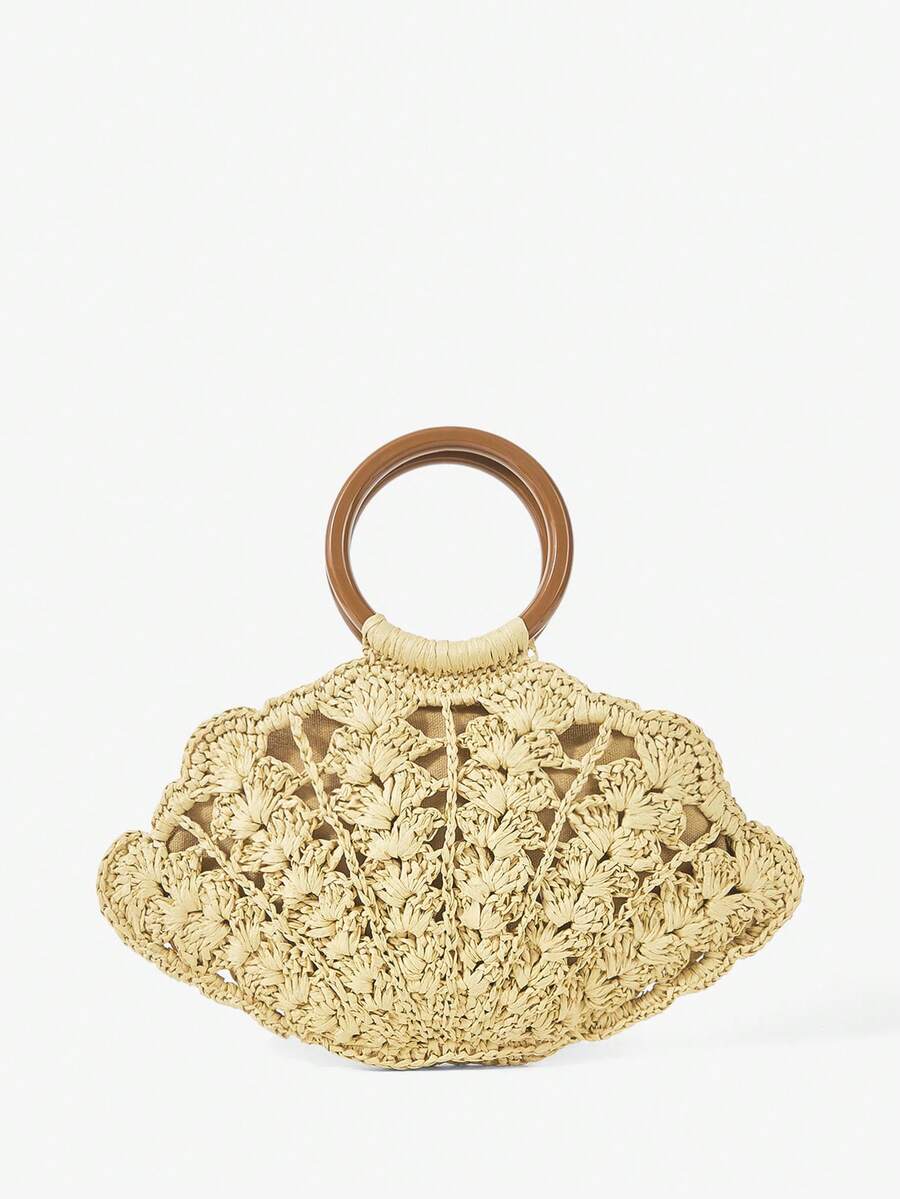 Back view beige woven straw shell bag with brown circular top handle