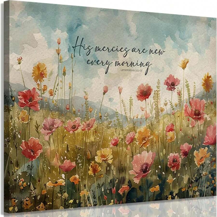 Christian wildflower canvas with His mercies are new every morning verse and visible side edge