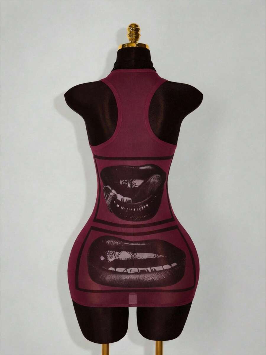 Burgundy lip graphic bodycon mini dress racerback rear view