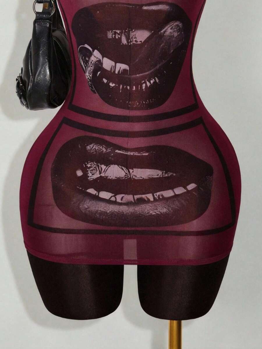 Close-up of burgundy mesh mini dress with framed lip graphic