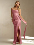 satin corset cowl neck maxi dress in dusty rose, champagne, ice blue and black with spaghetti straps, structured boned waist panel, ruched bust, draped hip sash and high thigh slit image 1