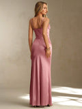 satin corset cowl neck maxi dress in dusty rose, champagne, ice blue and black with spaghetti straps, structured boned waist panel, ruched bust, draped hip sash and high thigh slit image 6