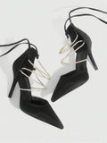 9 media show white black and pink satin pointed toe stiletto pumps with rhinestone crisscross instep cage straps, ankle wrap tie, side cutouts, tall back counter, back zipper. image 4