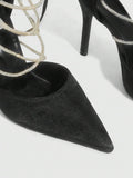 9 media show white black and pink satin pointed toe stiletto pumps with rhinestone crisscross instep cage straps, ankle wrap tie, side cutouts, tall back counter, back zipper. image 6