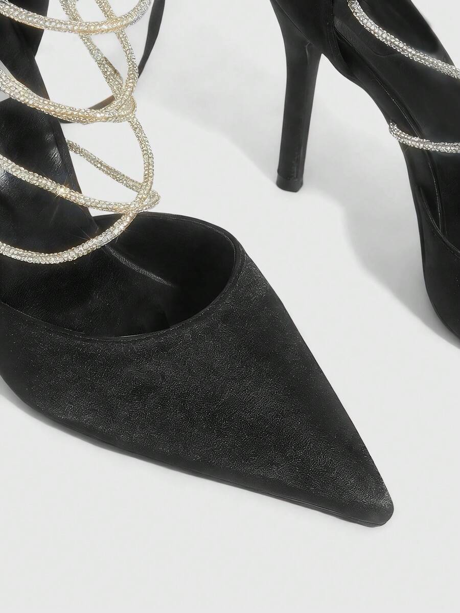 9 media show white black and pink satin pointed toe stiletto pumps with rhinestone crisscross instep cage straps, ankle wrap tie, side cutouts, tall back counter, back zipper. image 6