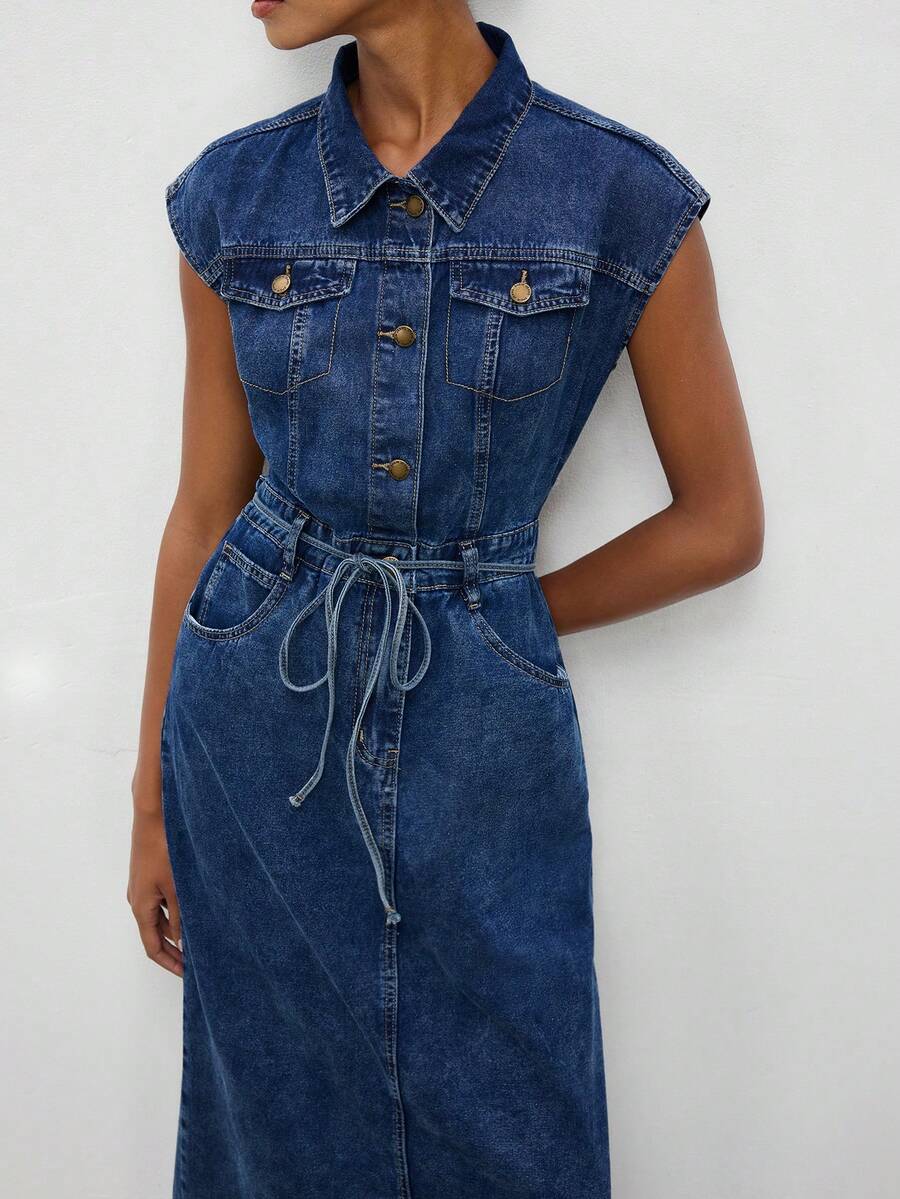 Elegant Aqua Blue Denim Shirt Dress with Bowknot and Open Back for Autumn Picnics 