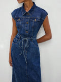 Elegant Aqua Blue Denim Shirt Dress with Bowknot and Open Back for Autumn Picnics 