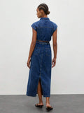 Elegant Aqua Blue Denim Shirt Dress with Bowknot and Open Back for Autumn Picnics 