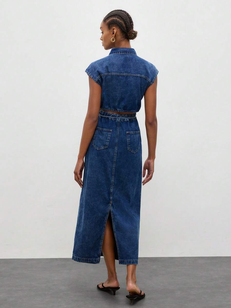 Elegant Aqua Blue Denim Shirt Dress with Bowknot and Open Back for Autumn Picnics 