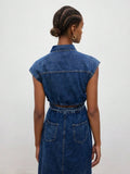 Shop an aqua blue denim shirt dress with bowknot and open back, perfect for autumn picnics, brunch, casual dates, weekends, and outdoor outings.