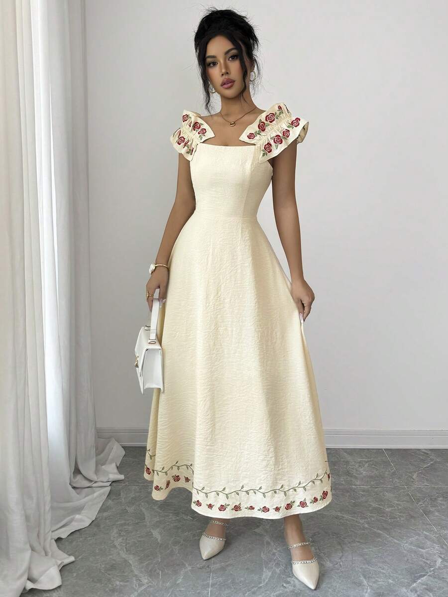 Floral off-shoulder dress in light apricot with rose embroidery