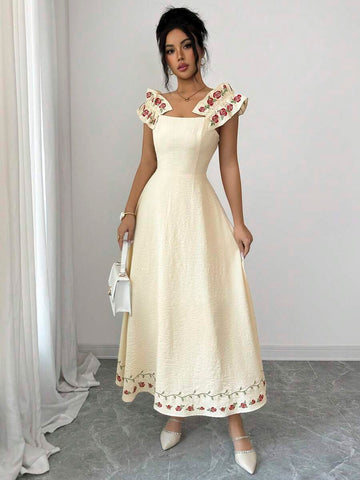 Floral off-shoulder dress in light apricot with rose embroidery