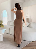Back view of coffee-brown sleeveless halter maxi dress with covered back
