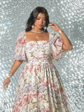 Image 16 - product view of Elegant Plus Size Floral Print Pleated Dress for Women - Romantic and Stylish Fashion Statement