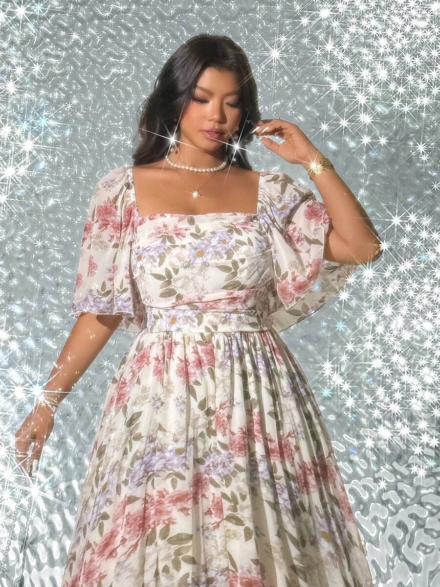 Image 16 - product view of Elegant Plus Size Floral Print Pleated Dress for Women - Romantic and Stylish Fashion Statement