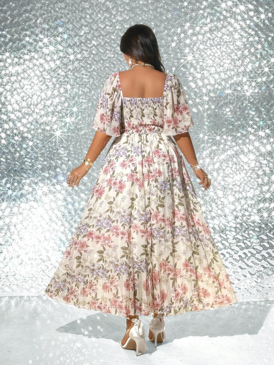 Image 14 - sleeve detail of Elegant Plus Size Floral Print Pleated Dress for Women - Romantic and Stylish Fashion Statement