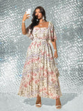 Image 15 - dress detail of Elegant Plus Size Floral Print Pleated Dress for Women - Romantic and Stylish Fashion Statement