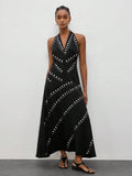 Women's Long A-Line Halter Neck Dress - Sleek Sleeveless V-Neck Vacation Style 