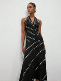 Women's Long A-Line Halter Neck Dress - Sleek Sleeveless V-Neck Vacation Style 