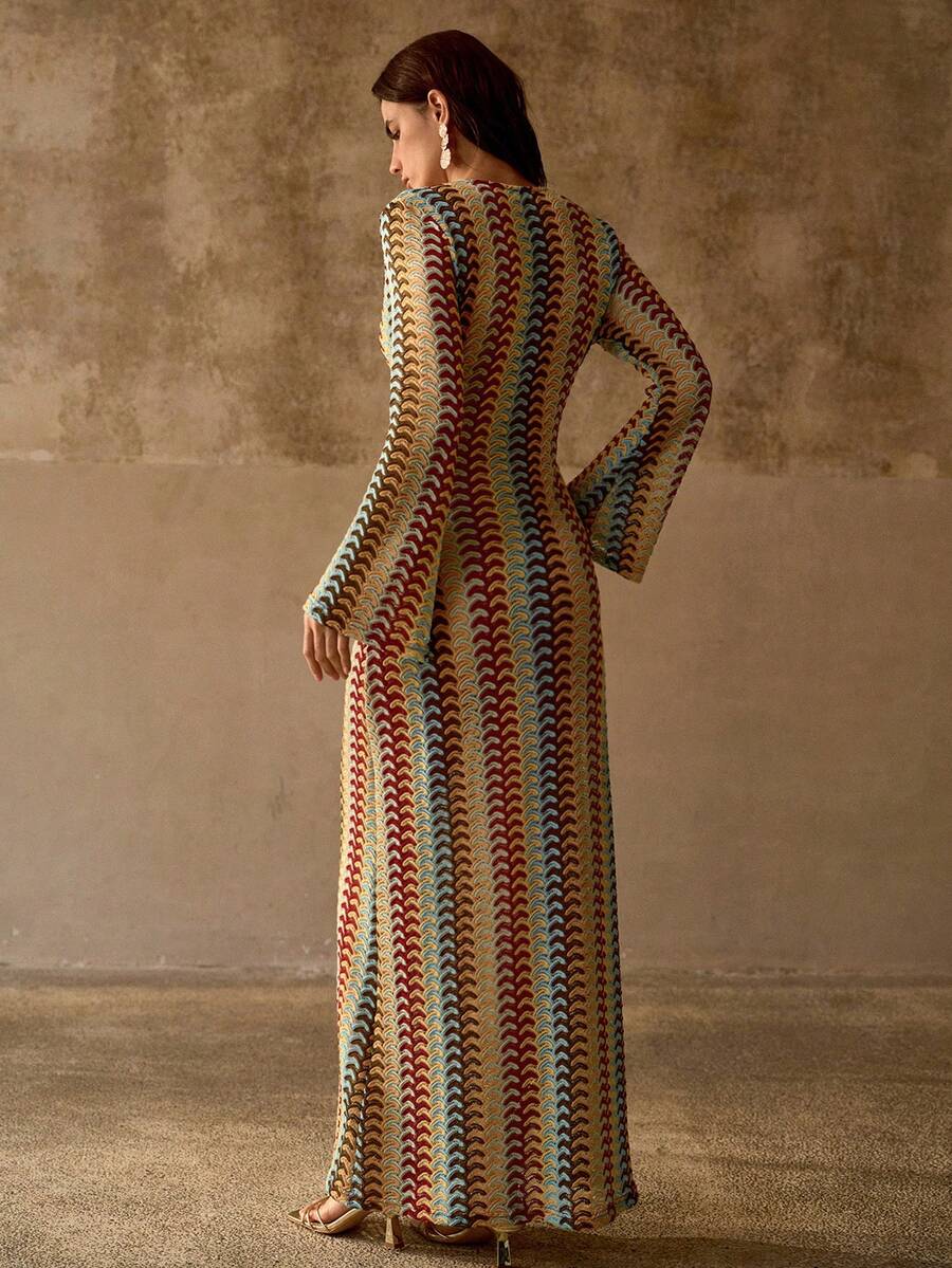 Shop the Bohemian Striped Deep V-Neck Beach Cover-Up Dress. A lightweight long sleeve cover-up perfect for beach vacations, resorts, and summer style.