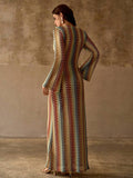 Shop the Bohemian Striped Deep V-Neck Beach Cover-Up Dress. A lightweight long sleeve cover-up perfect for beach vacations, resorts, and summer style.