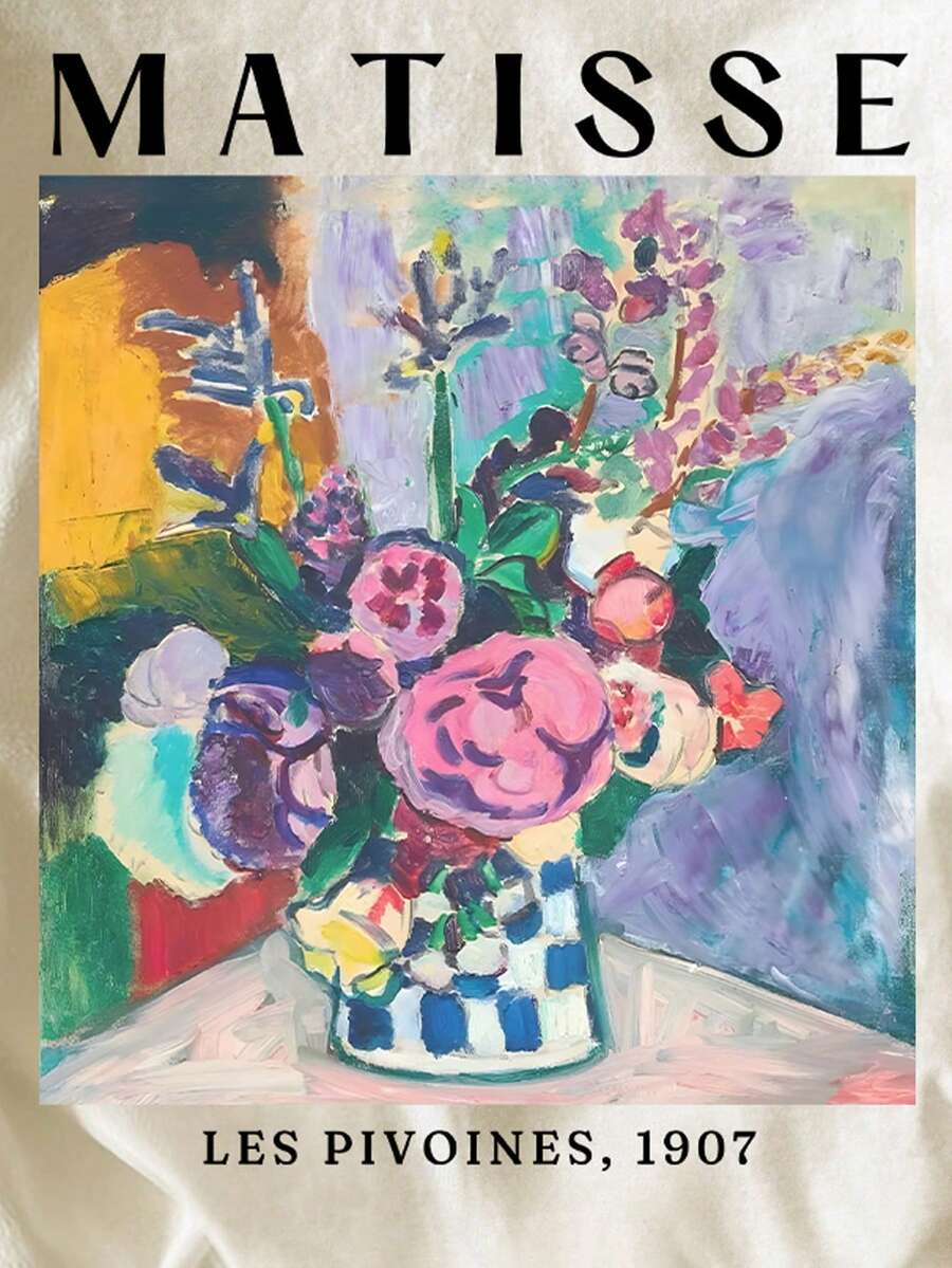 Close-up of colorful Matisse peony and checked vase print on apricot T-shirt