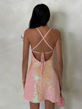 open back sequin cami mini dress with scoop neckline, spaghetti straps, crisscross tie back, fitted bodice, slight A-line mini skirt, iridescent sequin variants and orange floral print variant image 6