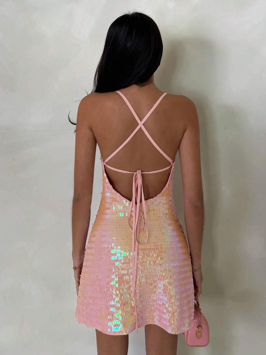 open back sequin cami mini dress with scoop neckline, spaghetti straps, crisscross tie back, fitted bodice, slight A-line mini skirt, iridescent sequin variants and orange floral print variant image 6