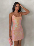 open back sequin cami mini dress with scoop neckline, spaghetti straps, crisscross tie back, fitted bodice, slight A-line mini skirt, iridescent sequin variants and orange floral print variant image 8