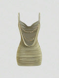 Brown ruched mini dress with backless cami styling
