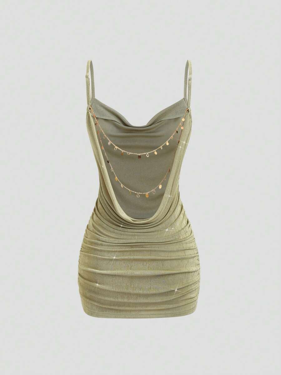 Brown ruched mini dress with backless cami styling