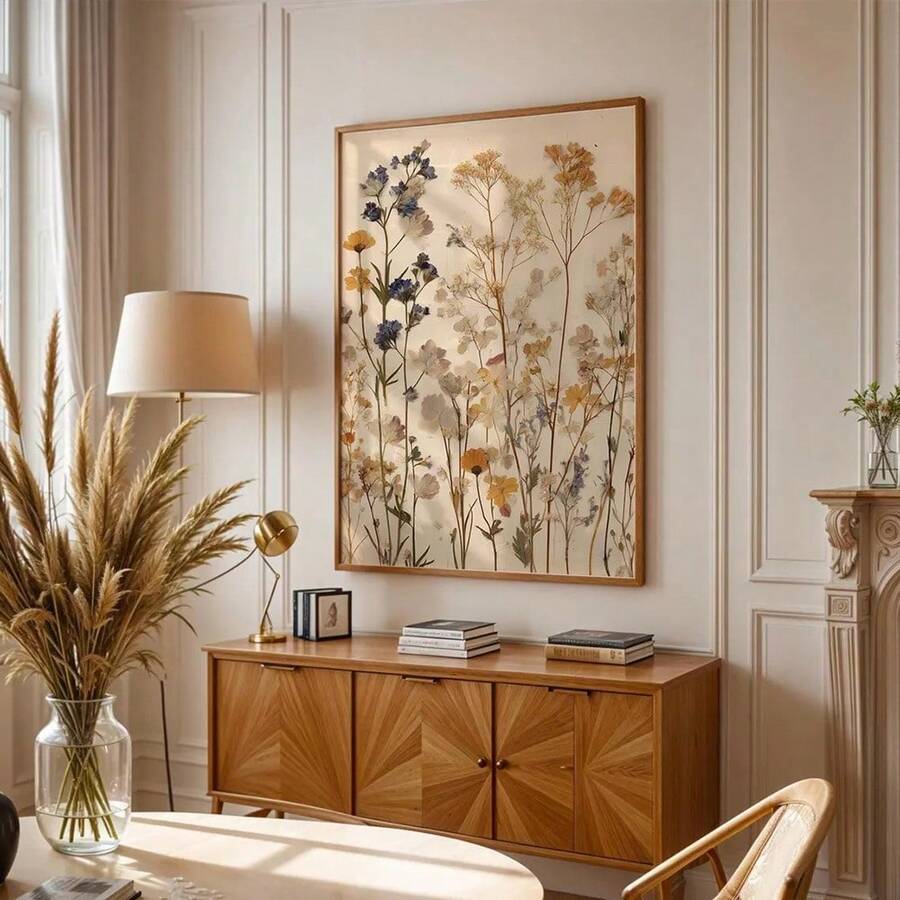 Straight-on room view of dried wildflower canvas art in a gold frame with white mat