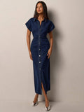 Chic Casual Denim Dress for Women with Roll-Up Short Sleeves and Waist Cinch 