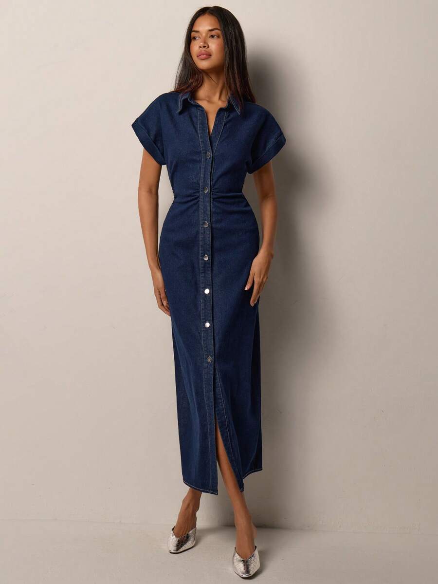 Chic Casual Denim Dress for Women with Roll-Up Short Sleeves and Waist Cinch 