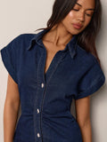 Chic Casual Denim Dress for Women with Roll-Up Short Sleeves and Waist Cinch 