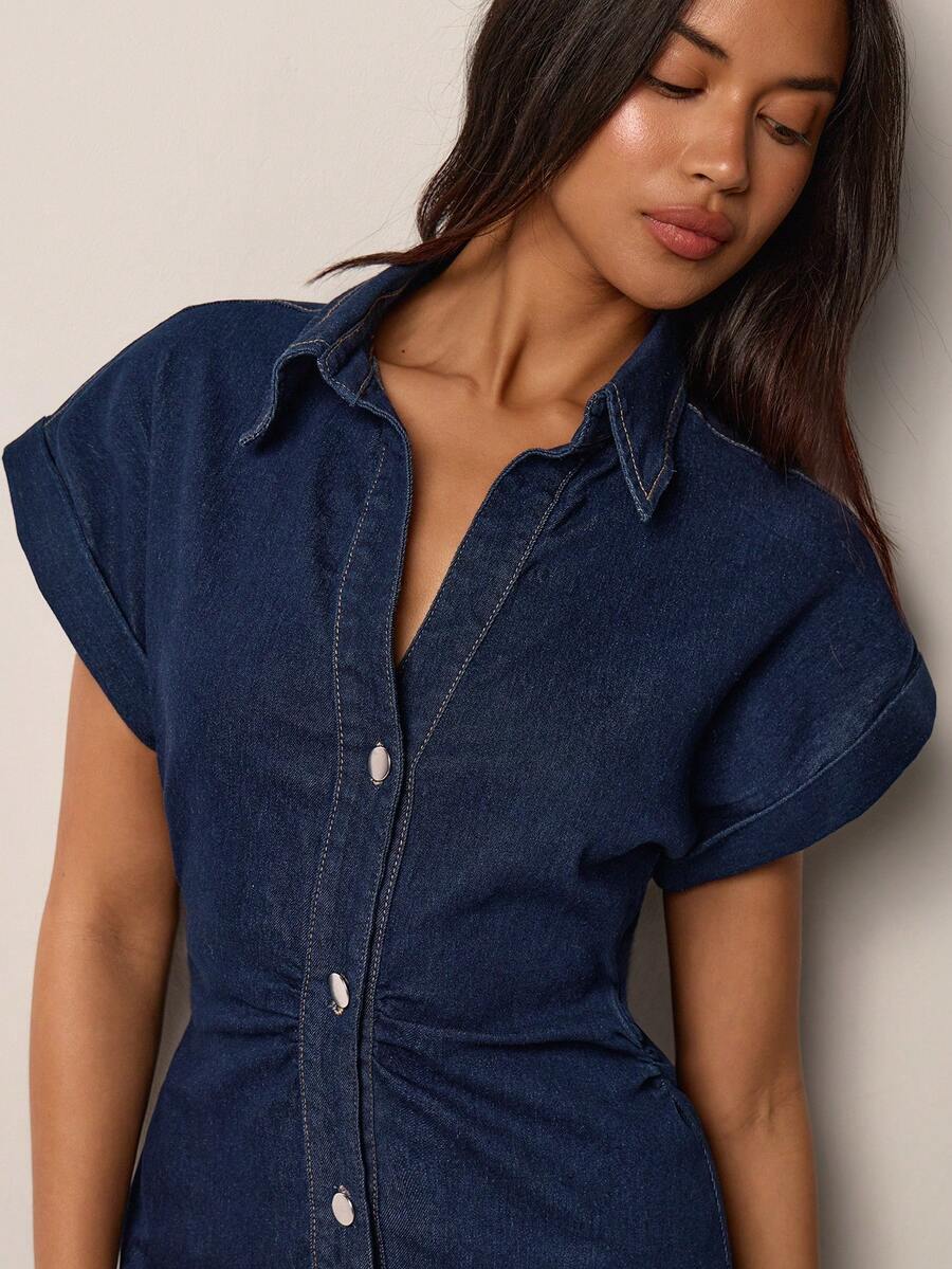 Chic Casual Denim Dress for Women with Roll-Up Short Sleeves and Waist Cinch 