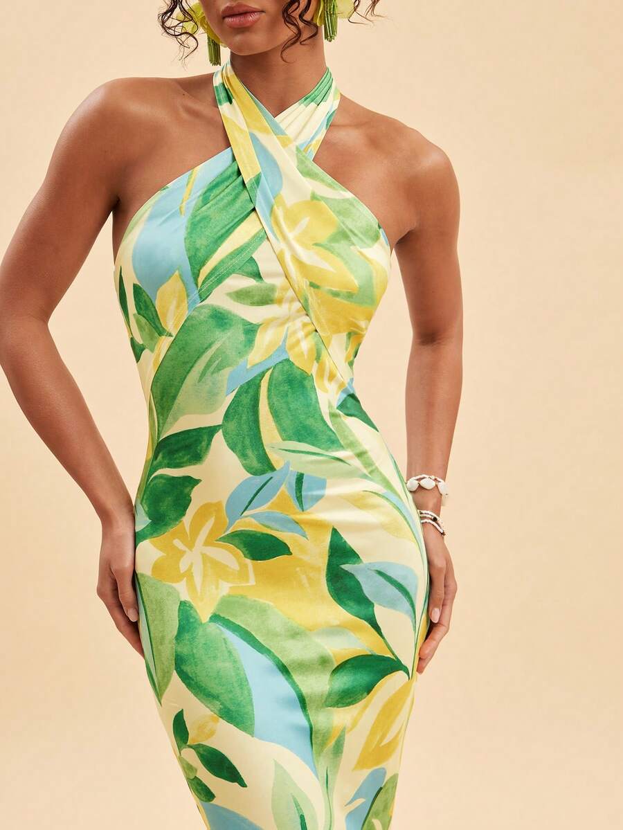 floral halter open back bodycon midi dress product image 1