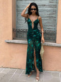 42 media show strappy mesh maxi dress in solids and prints with deep plunge V, front bead connector, ruffle trim, ruched bodice and hips, thigh slit, sheer flared lower skirt, low straight back, adjustable spaghetti straps. image 24