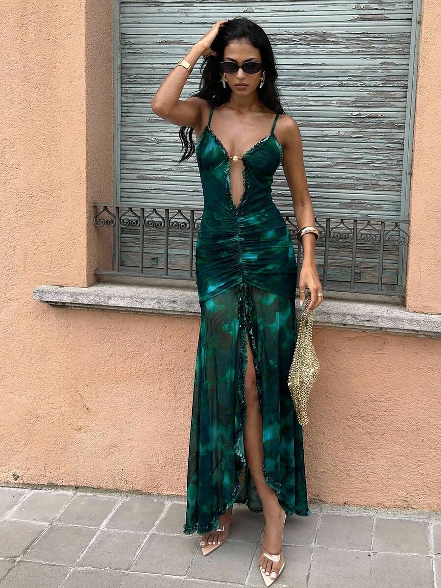 42 media show strappy mesh maxi dress in solids and prints with deep plunge V, front bead connector, ruffle trim, ruched bodice and hips, thigh slit, sheer flared lower skirt, low straight back, adjustable spaghetti straps. image 24