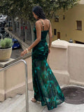 42 media show strappy mesh maxi dress in solids and prints with deep plunge V, front bead connector, ruffle trim, ruched bodice and hips, thigh slit, sheer flared lower skirt, low straight back, adjustable spaghetti straps. image 25