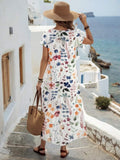 Back seaside view of multicolor floral loose maxi dress with center seam