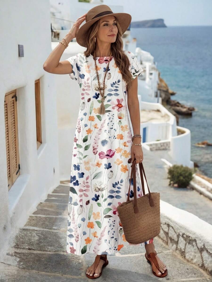 Seaside front view of multicolor watercolor floral maxi dress with hat and tote