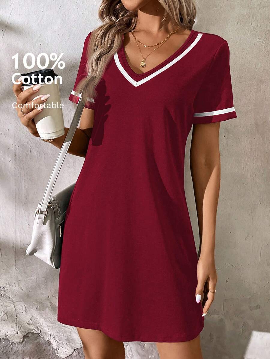 contrast trim V neck short sleeve T shirt mini dress image 4