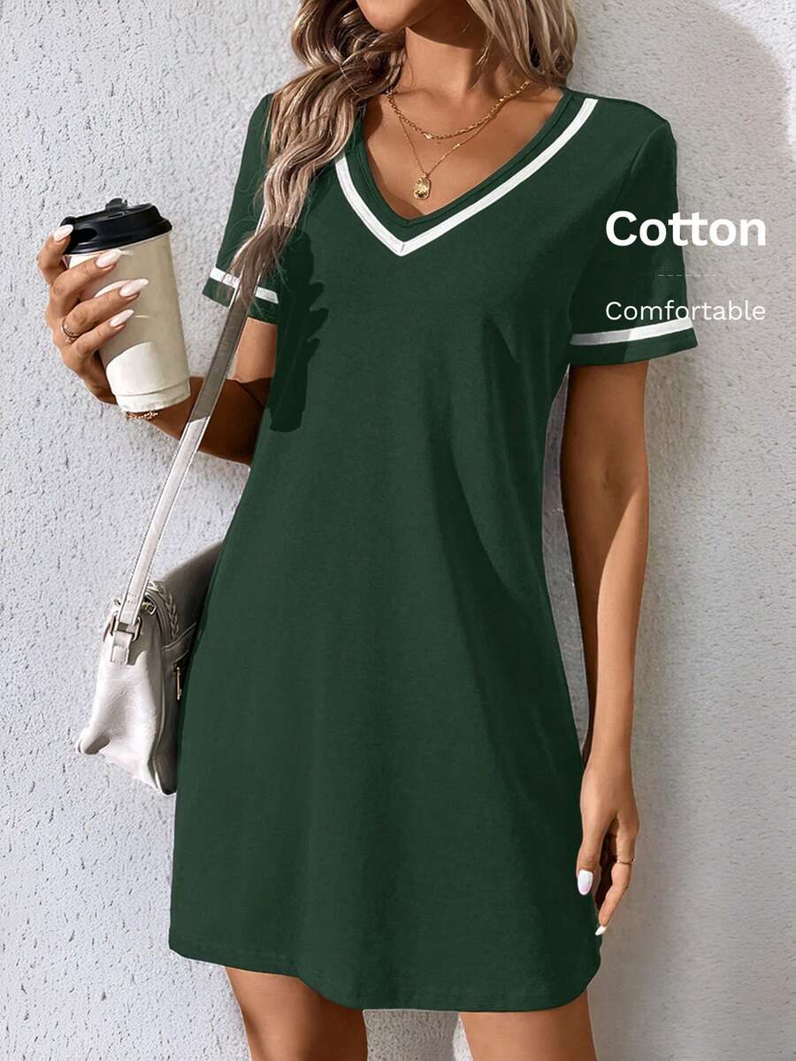 contrast trim V neck short sleeve T shirt mini dress image 10