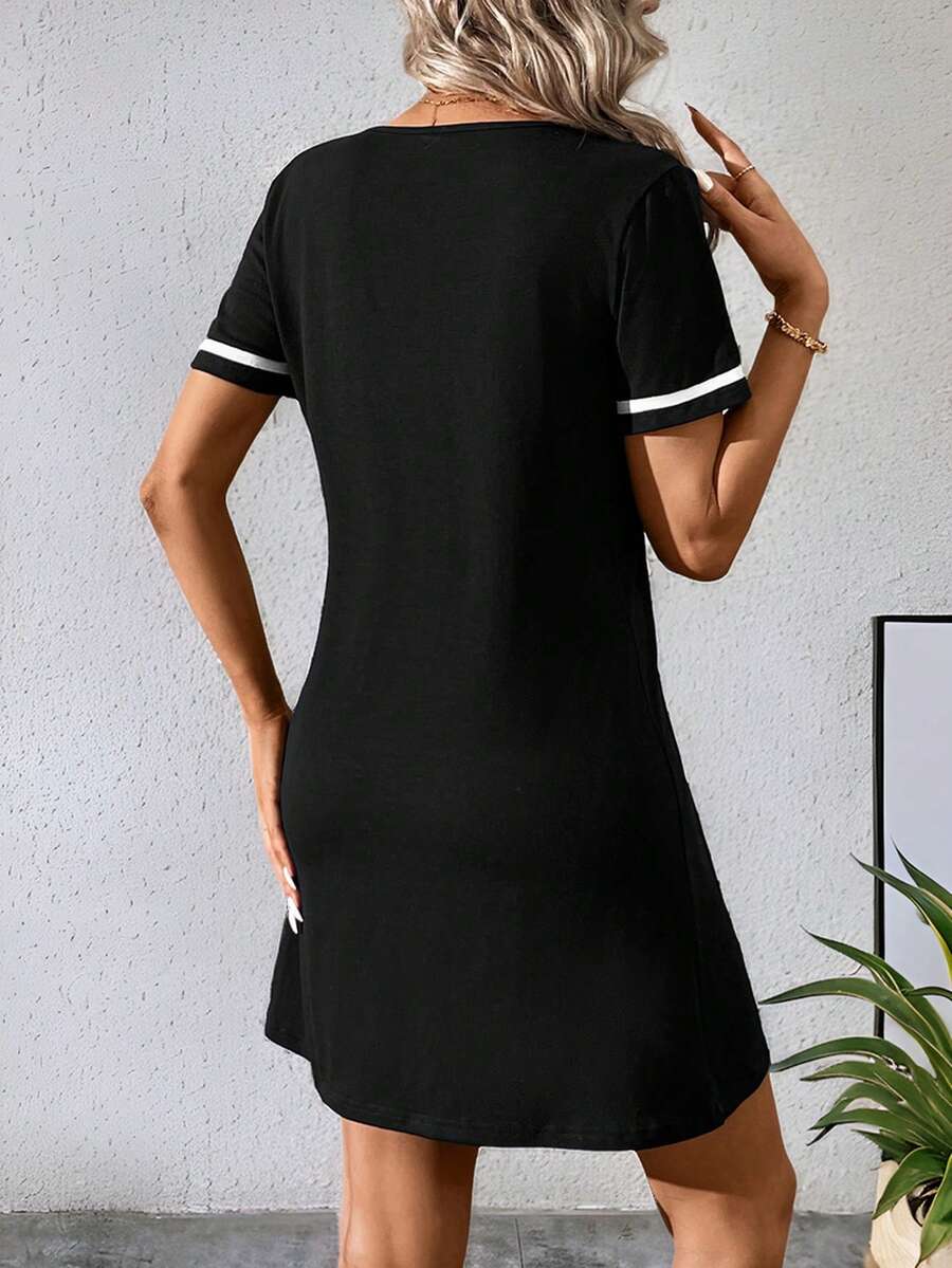 contrast trim V neck short sleeve T shirt mini dress image 2