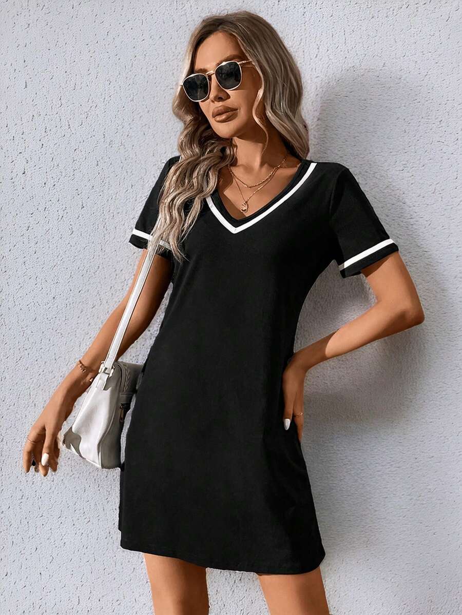 contrast trim V neck short sleeve T shirt mini dress image 3