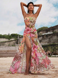 18 media show strapless maxi beach dress with bandeau neckline, bodycon drop waist, high slit, flowing sheer gathered skirt, variants orange floral, butter yellow, chocolate, burgundy, leopard, pink mixed print. image 16